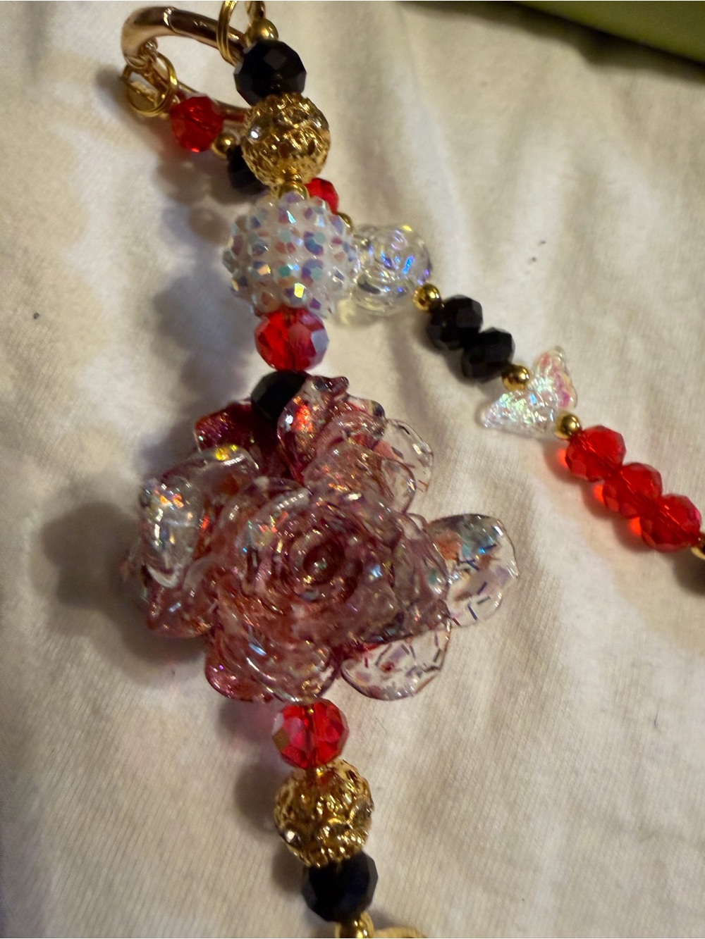 Red and Gold Floral Crystal Necklace bag or keychain - Picture 4 of 4